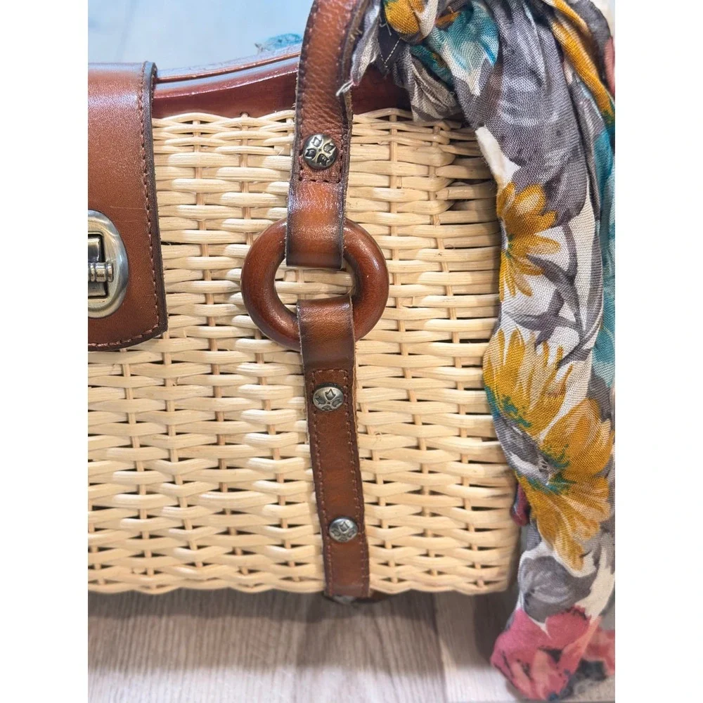 Patricia Nash Wicker Satchel Leather Trim Straw Handbag Brown Tan with Scarf